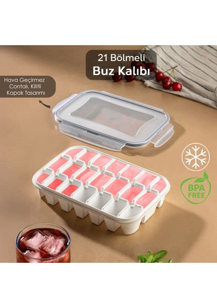 21 Bölmeli Sızdırmaz Kilitli Buz Kalıbı - Pratik Kapaklı Hava Geçirmez Buzluk - Vakumlu Buz Kabı