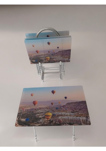 Liza Serisi Çanta Zigon, 4 Lü Katlanabilir Sehpa, Cam Sehpa, Çanta Sehpa Krom Ayak