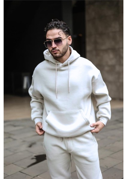 Erkek Beyaz 3 Iplik Bol Kesim Kapşonlu Sweatshirt