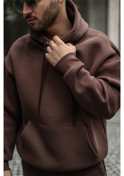 Erkek Kahverengi 3 Iplik Bol Kesim Kapşonlu Sweatshirt fiyatları