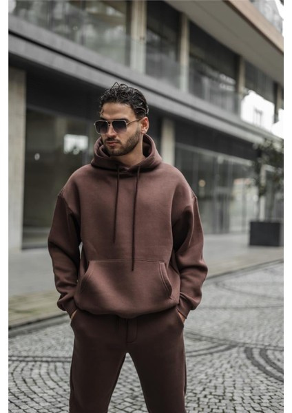 Erkek Kahverengi 3 Iplik Bol Kesim Kapşonlu Sweatshirt modelleri