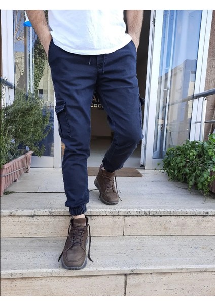 Tarz Cool Slim Fit None Denim Yandan Cepli Bel Bağcıklı, Paçaları Lastikli Esnek Kumaş Erkek Kargo Pantolon