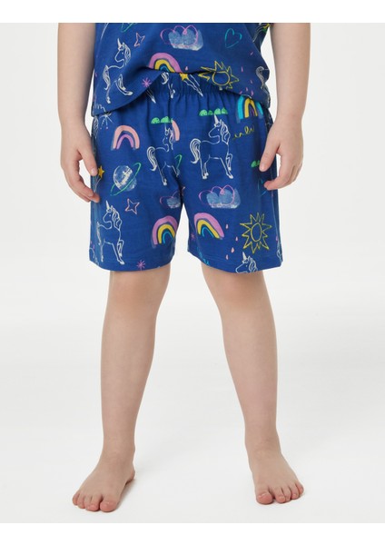 Marks & Spencer Saf Pamuklu Unicorn Desenli Şortlu Pijama Takımı (1-8 Yaş)