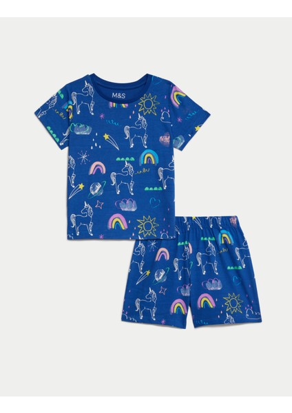 Marks & Spencer Saf Pamuklu Unicorn Desenli Şortlu Pijama Takımı (1-8 Yaş)