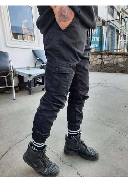 Tarz Cool Slim Fit None Denim Yandan Cepli Bel Bağcıklı, Paçaları Lastikli Esnek Kumaş Erkek Kargo Pantolon