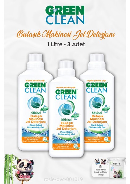 green Clean 3 Adet green Clean Bitkisel Bulaşık Makinesi Jel Deterjanı Portakal Yağlı 1 Lt ve Rosıe