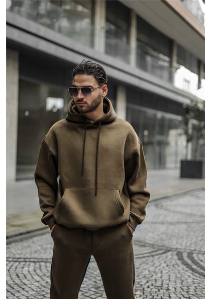 Erkek Haki Yeşil 3 Iplik Bol Kesim Kapşonlu Sweatshirt
