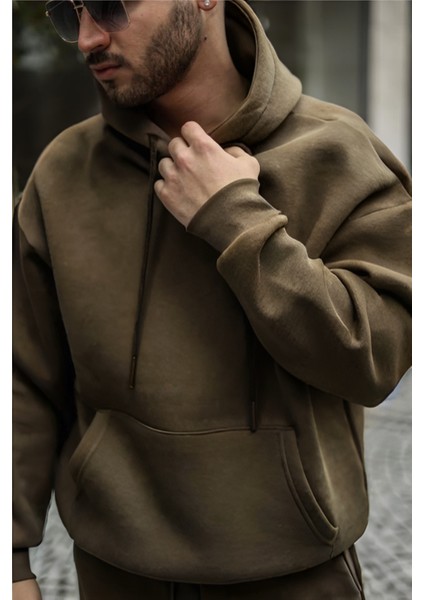 Erkek Haki Yeşil 3 Iplik Bol Kesim Kapşonlu Sweatshirt fiyatları
