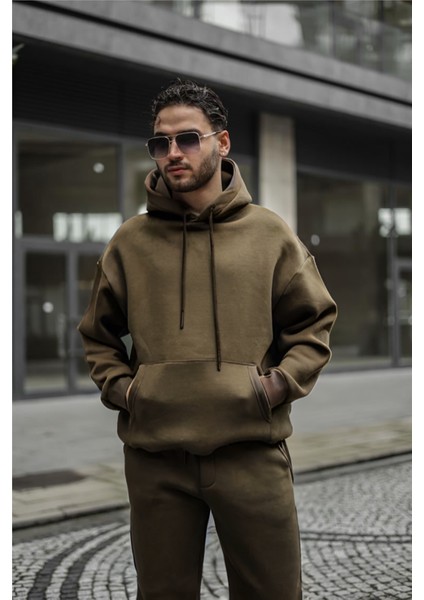 Erkek Haki Yeşil 3 Iplik Bol Kesim Kapşonlu Sweatshirt modelleri