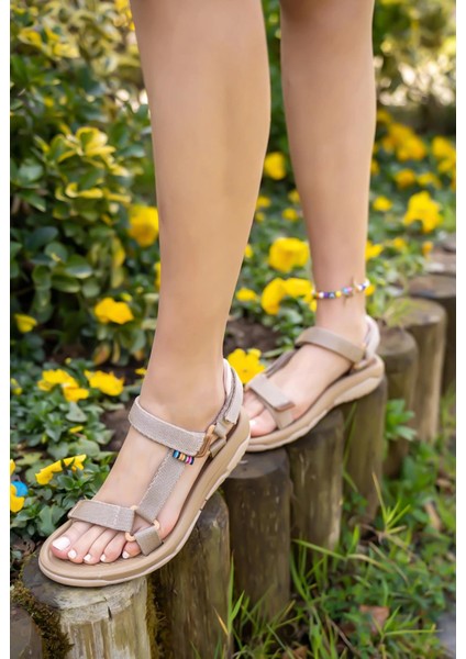 Bej Kadın Cırtlı Spor Sandalet Termo Taban Konforlu Tasarım Düz Topuk fırsatları