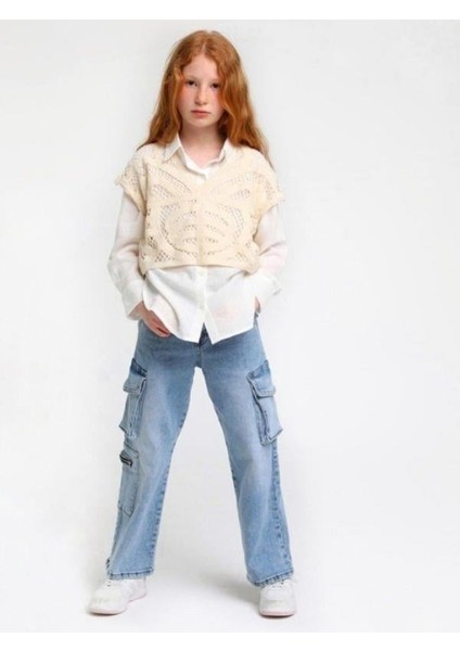 Kız Çocuk Bol Paça Kargo Cepli Kot Pantolon modelleri