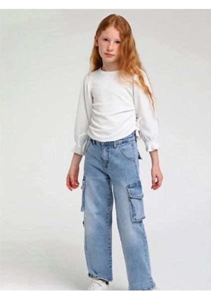 Kız Çocuk Bol Paça Kargo Cepli Kot Pantolon fırsatları