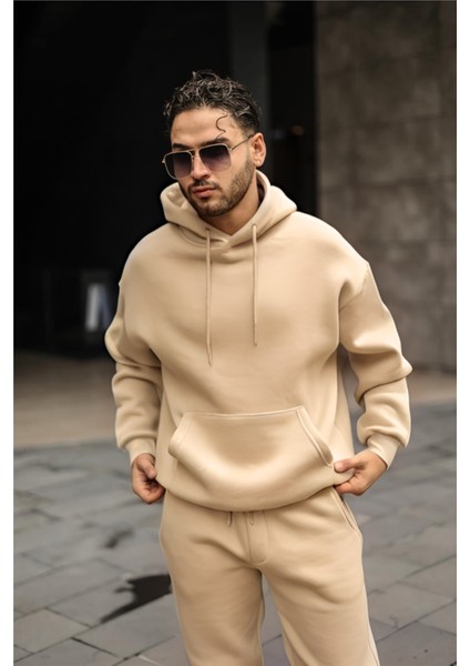 Erkek Vizon 3 Iplik Bol Kesim Kapşonlu Sweatshirt