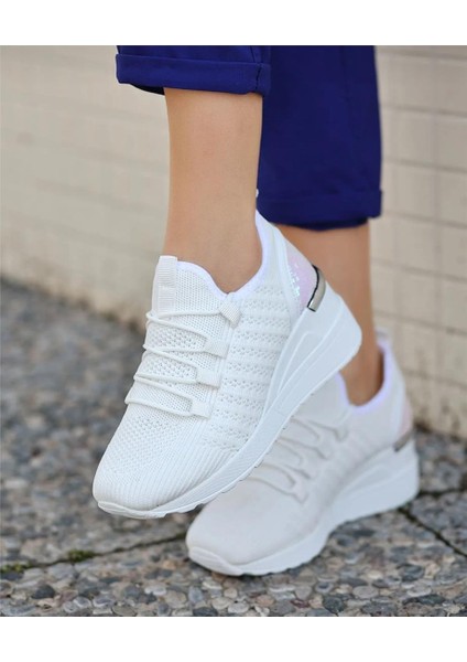 Kadın Bağcıklı Triko Dolgu Topuklu Sneaker-Beyaz