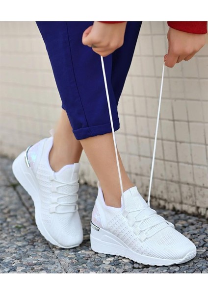 Kadın Bağcıklı Triko Dolgu Topuklu Sneaker-Beyaz fiyatları