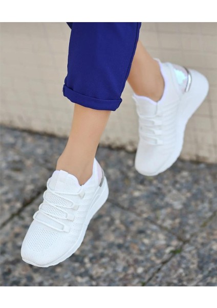 Kadın Bağcıklı Triko Dolgu Topuklu Sneaker-Beyaz modelleri