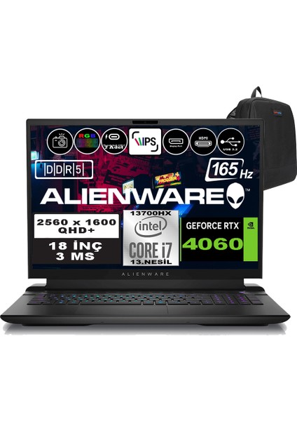 Alienware M18 R1 Intel Core I7-13700HX 96GB Ddr5 2tb SSD RTX4060 8gb 18 Inç 165Hz Qhd+  3ms Windows 11 Pro Gaming Laptop AWM18I7X80WP15 + Zetta Çanta