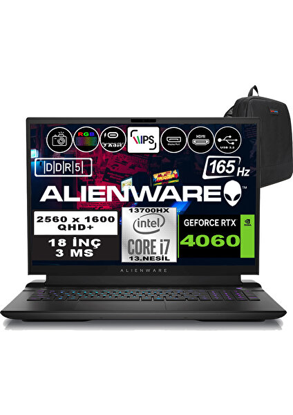 Alienware M18 R1 Intel Core I7-13700HX 96GB Ddr5 4tb SSD RTX4060 8gb 18 Inç 165Hz Qhd+  3ms Windows 11 Home Gaming Laptop AWM18I7X80WH16 + Zetta Çanta