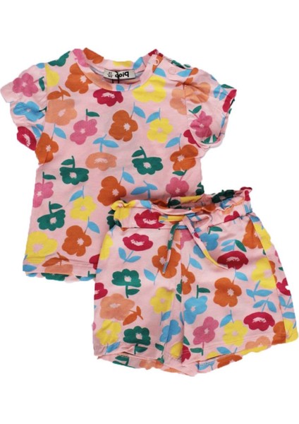 Kız Bebek Somon Renkli Çicek Baskılı Şortlu 2'li Takım