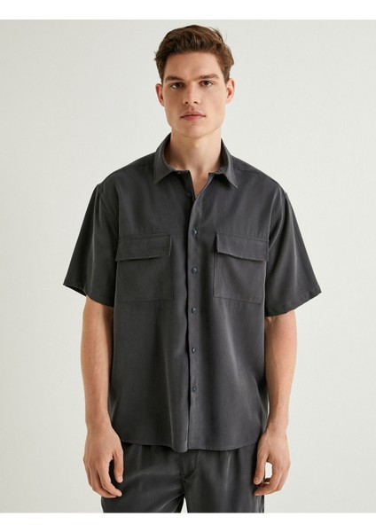 Kısa Kollu Gömlek Düğmeli Kapaklı Cep Detaylı Viskoz Kumaş modelleri