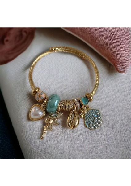 Tekno Trust Turkuaz Çelik Charm Bileklik Kalp ve Melek Zirkon Taş Garantisiz Zirkon Taş