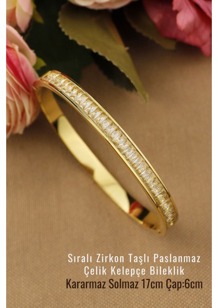 Tekno Trust Zirkon Taş Beyaz Baget Sıralı Zirkon Taşlı Sade Modern Trend Çelik Kelepçe 6mm Çap 6cm Yeni Sezon B