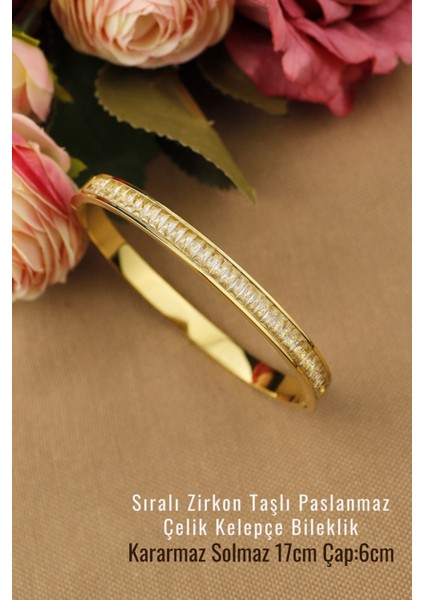 Tekno Trust Zirkon Taş Beyaz Baget Sıralı Zirkon Taşlı Sade Modern Trend Çelik Kelepçe 6mm Çap 6cm Yeni Sezon B modelleri