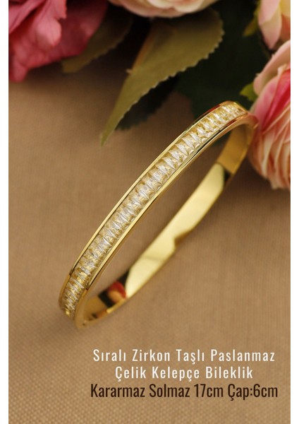 Tekno Trust Zirkon Taş Beyaz Baget Sıralı Zirkon Taşlı Sade Modern Trend Çelik Kelepçe 6mm Çap 6cm Yeni Sezon B fırsatları