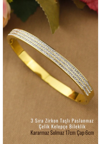 Tekno Trust Zirkon Taş 3 Sıra Zirkon Taşlı Sade Modern Trend Çelik Kelepçe 6mm Çap 6cm Yeni Sezon Bileklik Pasl