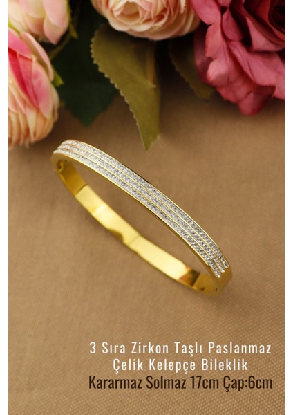 Tekno Trust Zirkon Taş 3 Sıra Zirkon Taşlı Sade Modern Trend Çelik Kelepçe 6mm Çap 6cm Yeni Sezon Bileklik Pasl fiyatları