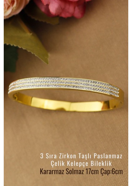 Tekno Trust Zirkon Taş 3 Sıra Zirkon Taşlı Sade Modern Trend Çelik Kelepçe 6mm Çap 6cm Yeni Sezon Bileklik Pasl modelleri