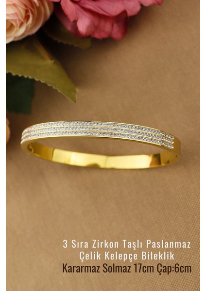 Tekno Trust Zirkon Taş 3 Sıra Zirkon Taşlı Sade Modern Trend Çelik Kelepçe 6mm Çap 6cm Yeni Sezon Bileklik Pasl indirimleri