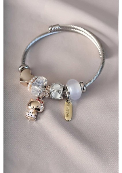 Tekno Trust Çok Renkli Çelik Pandora Charm Bileklik Beyaz Taşlı Kedi ve Kalp Detaylı Zirkon Taş Paslanmaz Çelik
