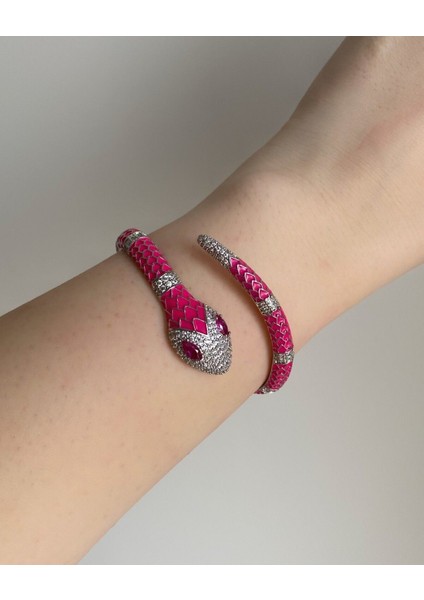 Tekno Trust Çelik Çelik Silver & Pembe Zirkon Taşlı Bvlgari Model Sarmal Yılan Kelepçe -Kararma Yapmaz- Zirkon