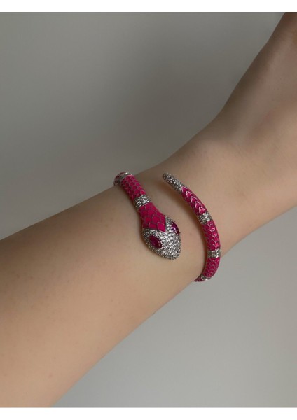 Tekno Trust Çelik Çelik Silver & Pembe Zirkon Taşlı Bvlgari Model Sarmal Yılan Kelepçe -Kararma Yapmaz- Zirkon modelleri