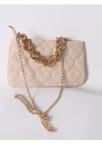 Kadın Kalp Kabartmalı Gold El Omuz Çantası