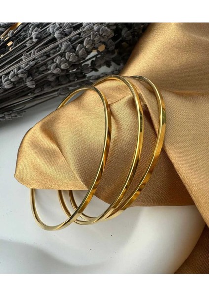 Tekno Trust Altın Yüksek Kalite 3’lü Büyük Boy Çelik Ajda Model Bilezik Zirkon Taş Paslanmaz Çelik