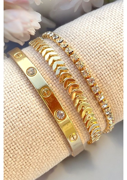 Tekno Trust Çelik Gold 5 Parçalı Renk Atmaz Kadın Bileklik Seti Gümüş Zirkon Taş Garantisiz