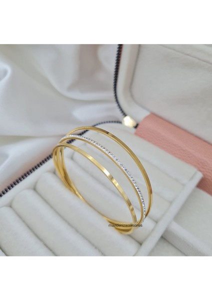 Tekno Trust Zirkon Taş Çelik Ajda Bilezik 3 Adet Altın Paslanmaz Çelik