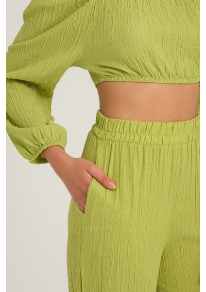 Açık Omuzlu Crop ve Pantolon Müslin Takım modelleri
