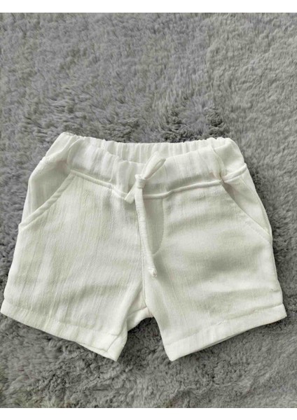 Erkek Organik Şile Bezi Pamuklu 3'lü Set (Gri, Mavi, Ekru) Beli Lastikli Cepli Bebek ve Çocuk Şortu modelleri