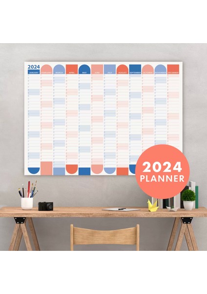 2025 Yıllık Planlayıcı Duvar Takvimi | Okyanus Mavisi, Somon Rengi | Aylık Planlayıcı