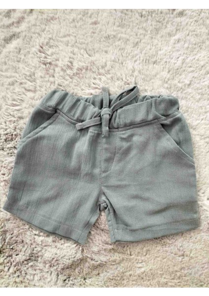 Erkek Organik Şile Bezi Pamuklu 3'lü Set (Gri, Mavi, Ekru) Beli Lastikli Cepli Bebek ve Çocuk Şortu