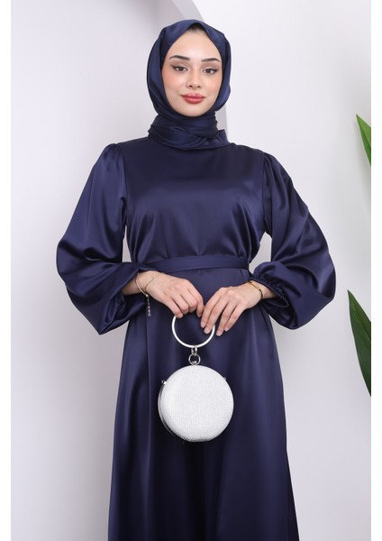 Lacivert Hakim Yaka Balon Kol Saten Abiye Elbise