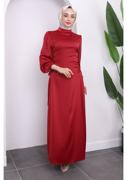 Kırmızı Yan Detaylı Saten Abiye