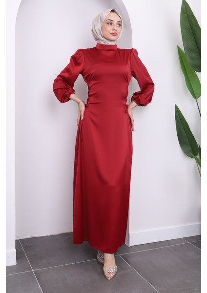 Kırmızı Yan Detaylı Saten Abiye fiyatları