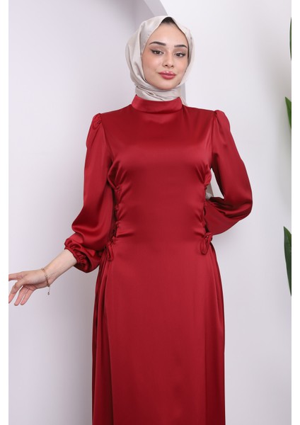 Kırmızı Yan Detaylı Saten Abiye modelleri