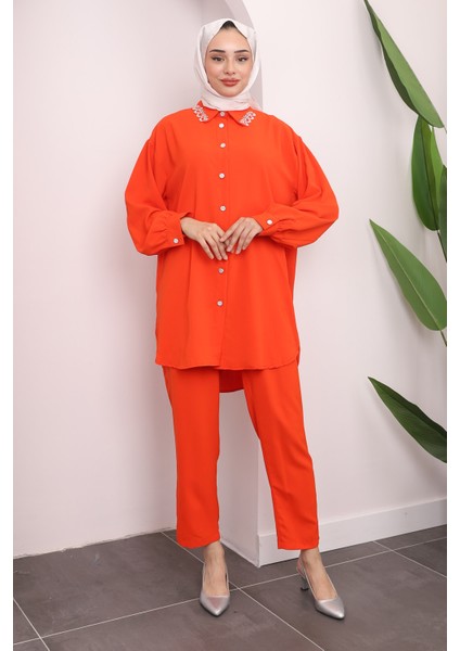 Orange Yakası İşlemeli Tunik Pantolon Takım