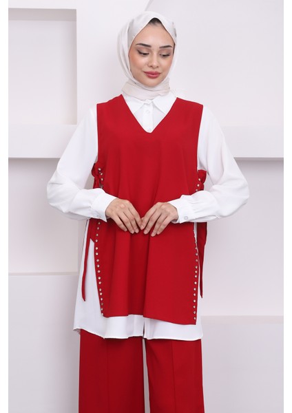 Bordo Yan Detaylı Üçlü Takım