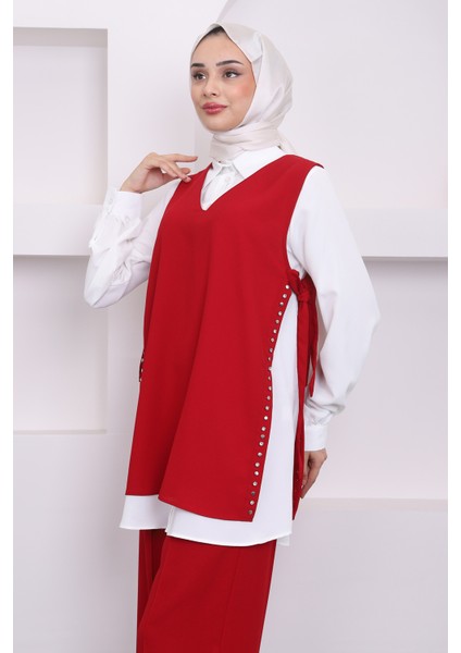 Bordo Yan Detaylı Üçlü Takım